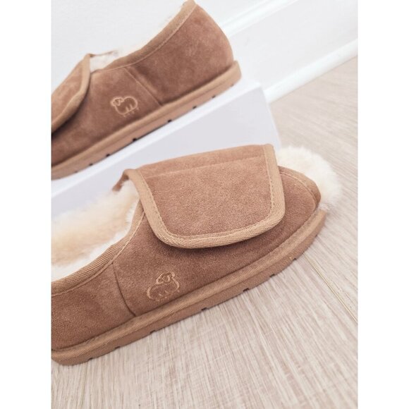 Lamo APMA Suede Leather Wool Shearling Fur Open Toe Slippers L - Picture 2 of 12